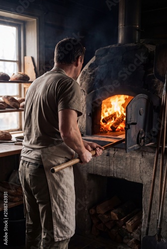 Baker From Behind Opening Wood Fired Oven Door