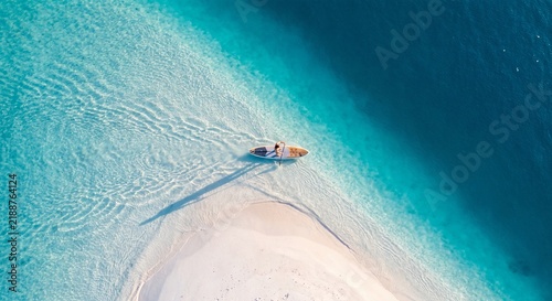 Aerial View Of Paddleboarder By Tropical Sandbar Island