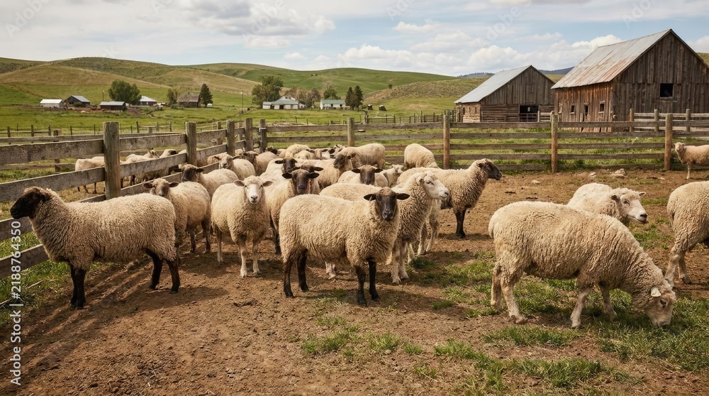 Fototapeta premium Sheep flock gathered near wooden barns on farm.