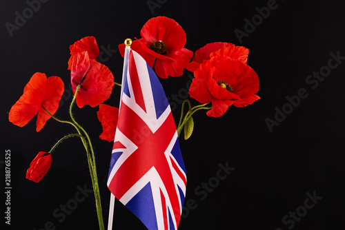 Konstfotografi Union jack flag and red poppies commemorating remembrance day