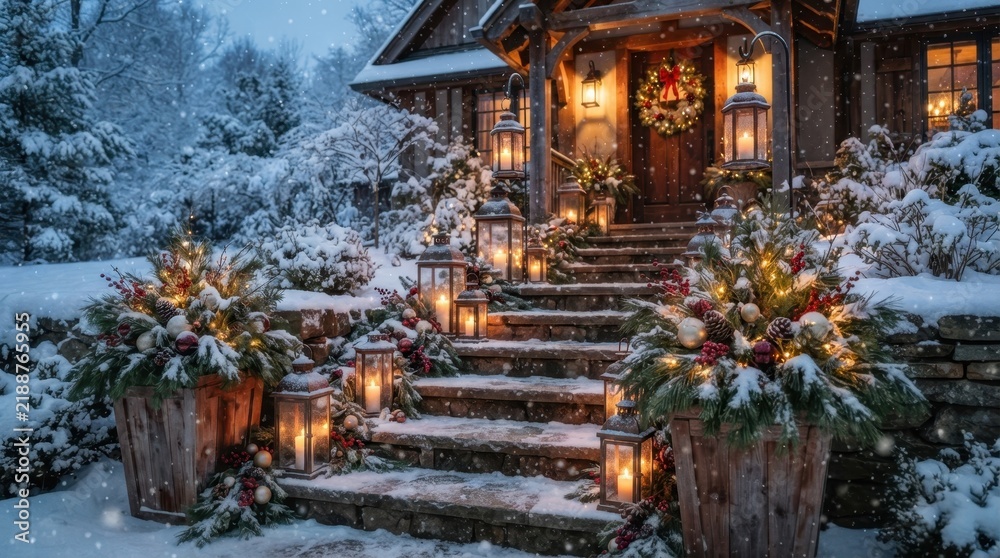 Fototapeta premium Cozy winter evening with snow falling on a decorated house entrance