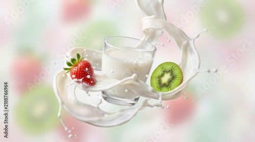 Fresh strawberry and kiwi splashing into creamy milk in a glass