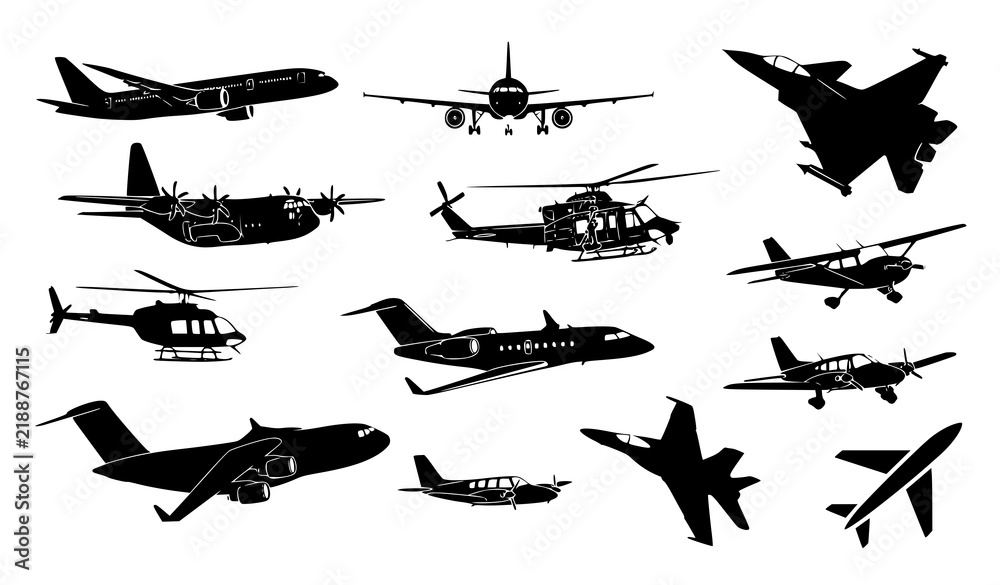 Fototapeta premium Black Airplane and Helicopter Silhouette Collection Aviation Transport Vector Icons