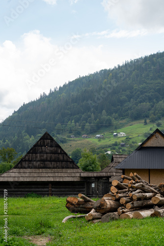 Traditional wooden house with a large pile of firewood logs in the Carpathian Mountains, Ukraine. Authentic rural lifestyle, winterization concept, and remote mountain village infrastructure.
