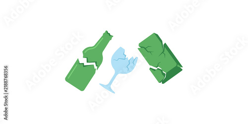 Quadro su tela Broken green bottle and shattered glass cup.