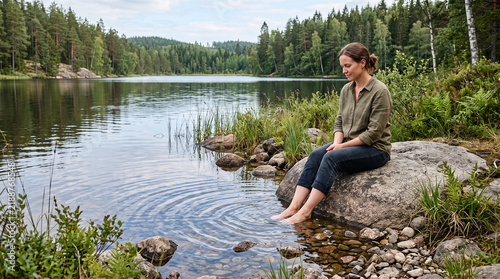 Woman wearing green shirt sits on large grey rock while dipping her bare feet into the calm blue lake water