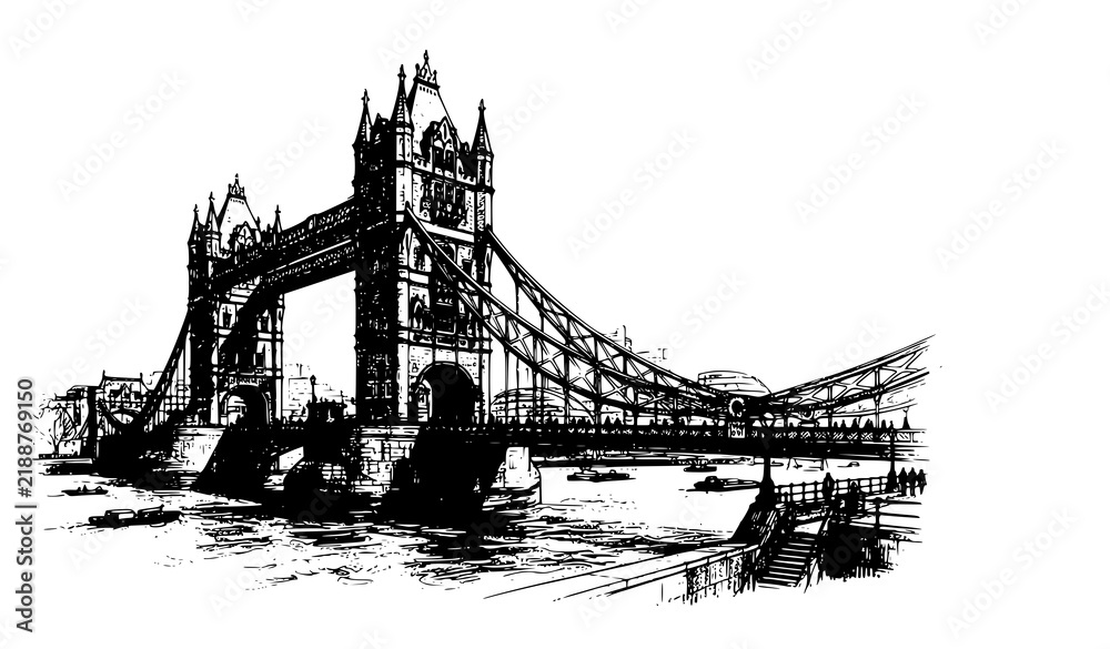 Obraz premium Detailed Tower Bridge Architectural Sketch London UK Travel Illustration