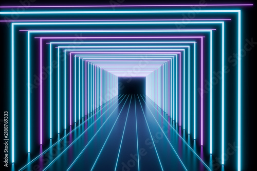 Konstfotografi Futuristic neon light tunnel disappearing into darkness