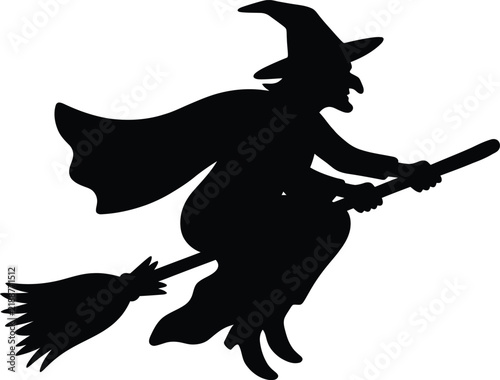 Obraz na płótnie Flying witch silhouette vector. Witch broom vector icon