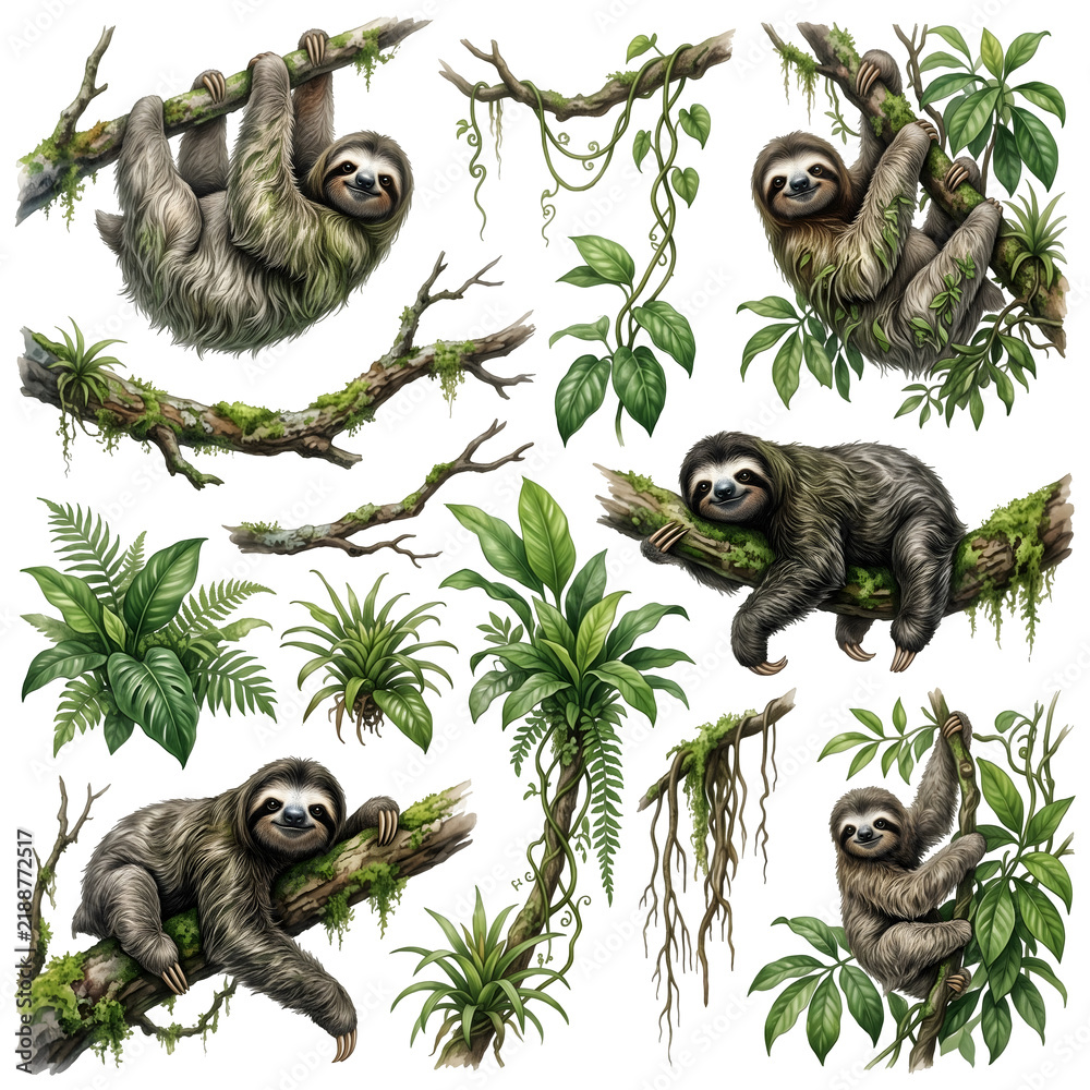 Fototapeta premium Three-Toed Sloth Tropical Wildlife Watercolor Clip Art Set with Rainforest Vines and Leaves