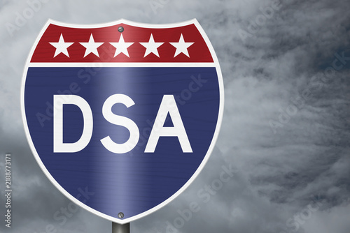 Quadro su tela DSA text on an American interstate road sign with stormy sky for Democratic Soci