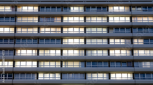 A detailed close-up view of a large modern apartment building facade with multiple glowing windows illuminating the evening darkness nicely