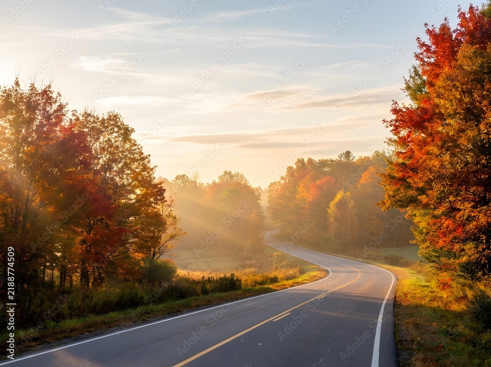 Obraz premium Scenic winding asphalt road through a vibrant autumn forest with colorful red and orange trees under a morning sunrise