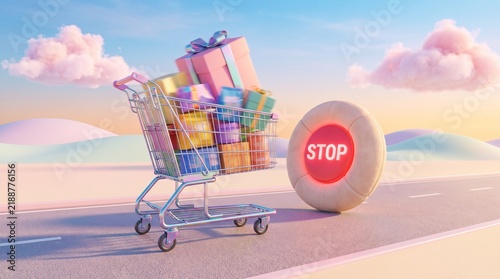 Shopping cart with gifts and stop sign on a colorful road  