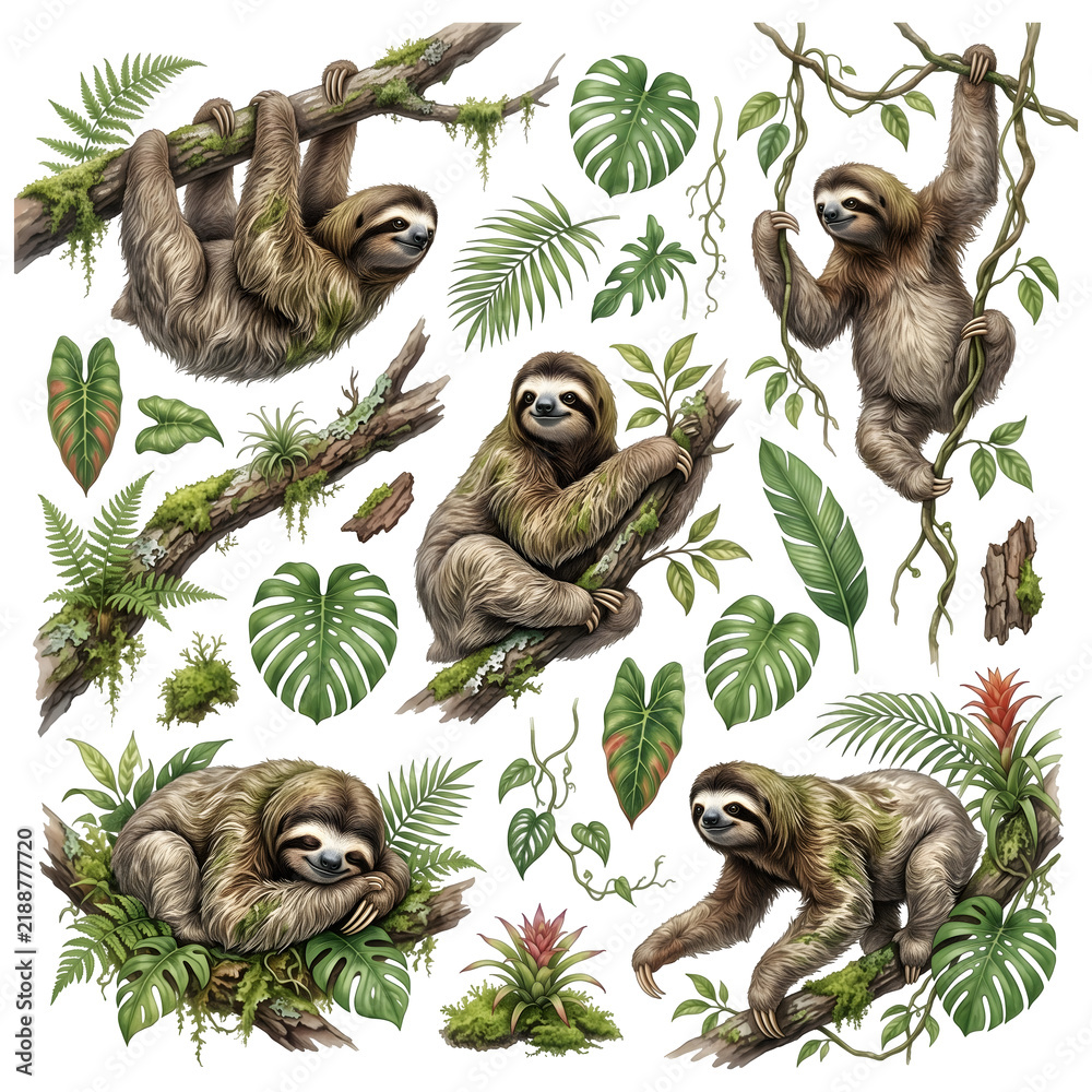 Fototapeta premium Three-Toed Sloth Watercolor Clip Art Set with Rainforest Vines and Tropical Leaves