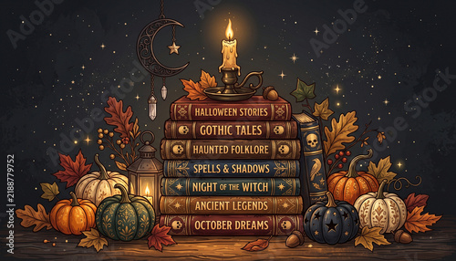 Spooky vintage book stack with candle and halloween pumpkins.