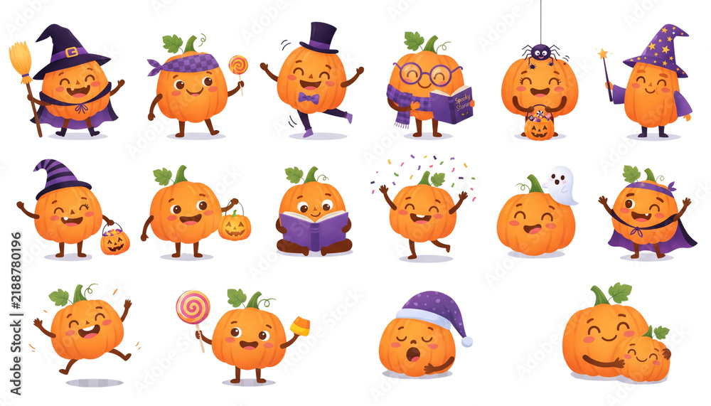 Fototapeta premium Cute cartoon halloween pumpkin characters showing diverse fun expressions.