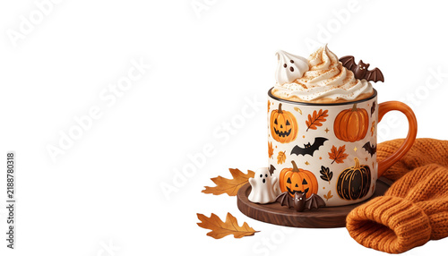Cozy autumn pumpkin spice latte mug decorated with cute ghost figures.