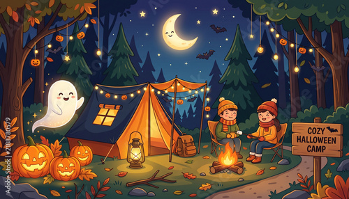 Cozy halloween camp scene with two children by campfire and cute ghost.