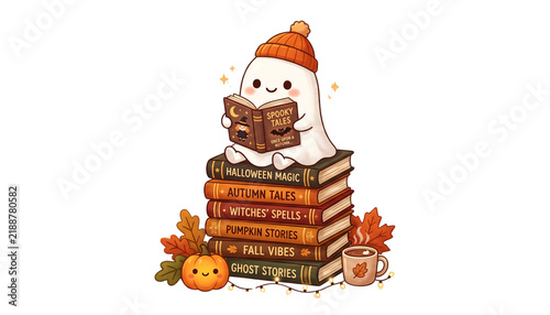 Cute ghost reading spooky tales on stack of halloween and autumn books.