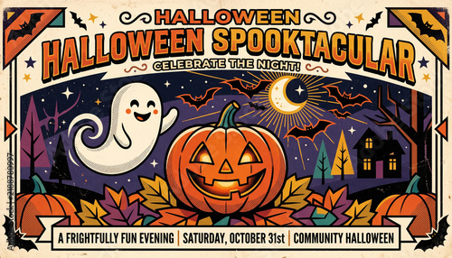 Spooktacular halloween flyer with cute ghost pumpkin and dark mansion art.