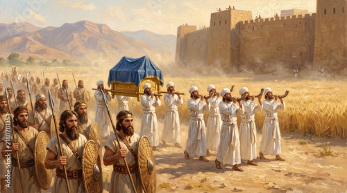 Priests with ram's horn trumpets circle the walls of Jericho on the seventh day, oil painting of the Old Testament story
