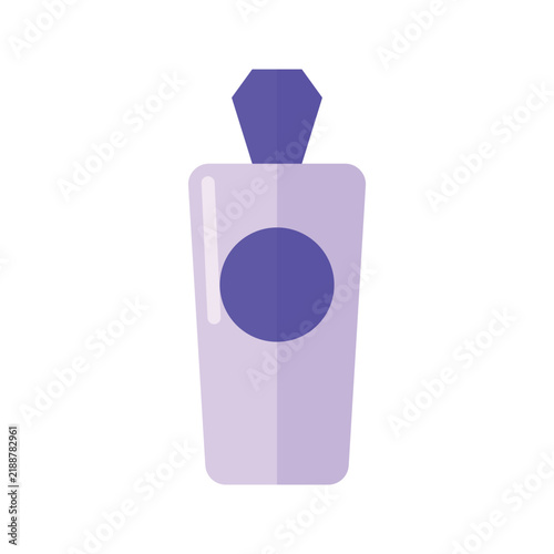 Elegant purple perfume bottle illustration with crystal cap, flat design cosmetic container vector isolated on white background.