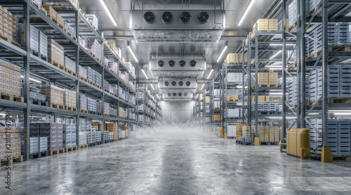 Cold storage warehouse, refrigerated goods are stored on industrial racks under powerful cooling units maintaining low temperatures for safe preservation.