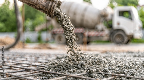 Concrete construction, fresh concrete is poured from a mixer truck onto steel reinforcement for building a strong reinforced foundation and floor slab.