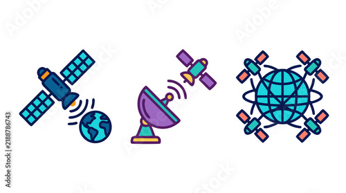 Bild auf Leinwand Global satellite internet and telecommunication network icon set with ground dis