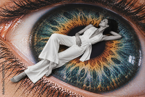Surreal fashion concept of an elegant woman in white reclining across a giant colorful human eye, combining beauty, vision and contemporary editorial art.