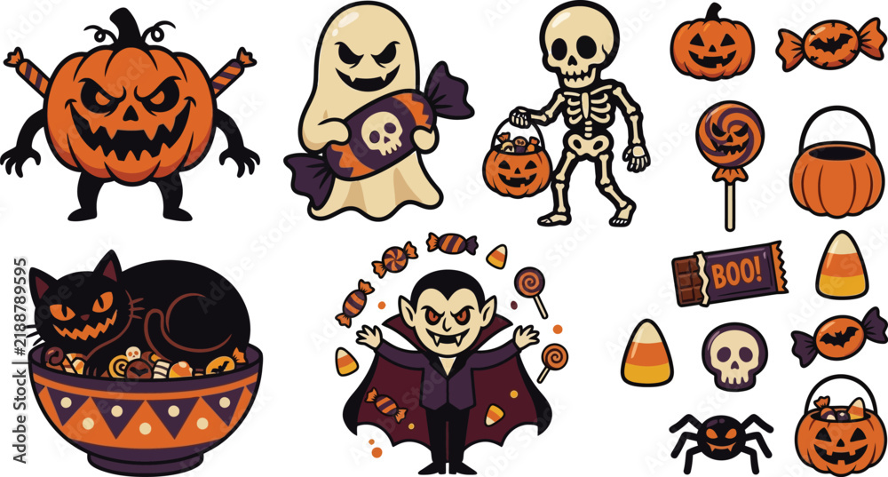 Fototapeta premium A collection of cute halloween stickers featuring a pumpkin monster ghost skeleton vampire black cat and various festive holiday themed icons