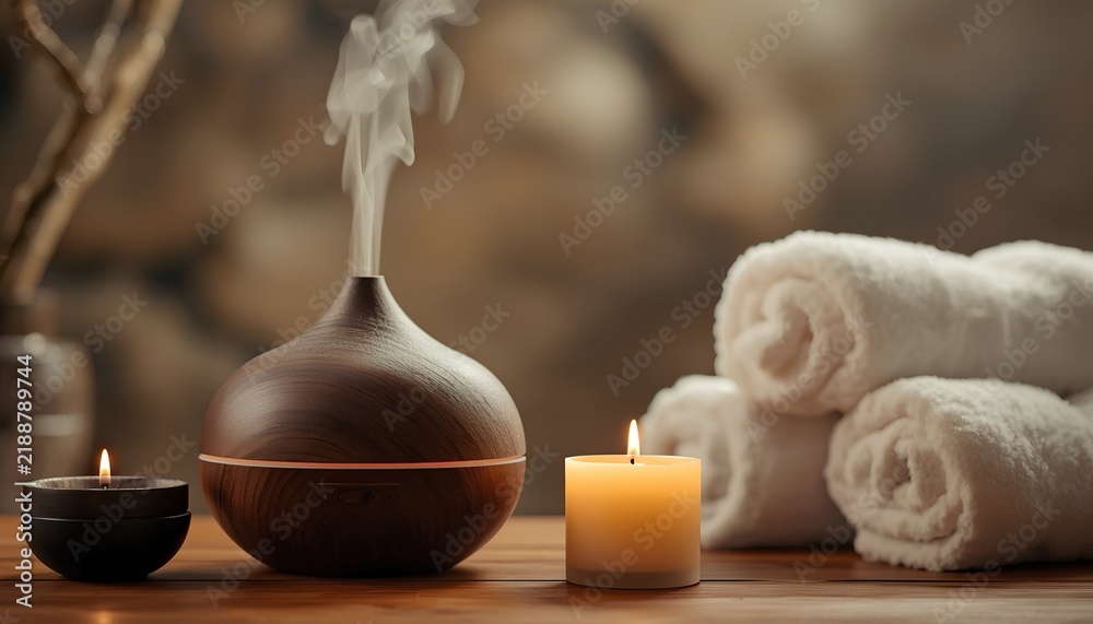 Obraz premium Serene Home Spa Atmosphere with Wooden Aromatherapy Diffuser, Misting Vapors, Lit Candles, and Stacked White Towels on Wood Surface