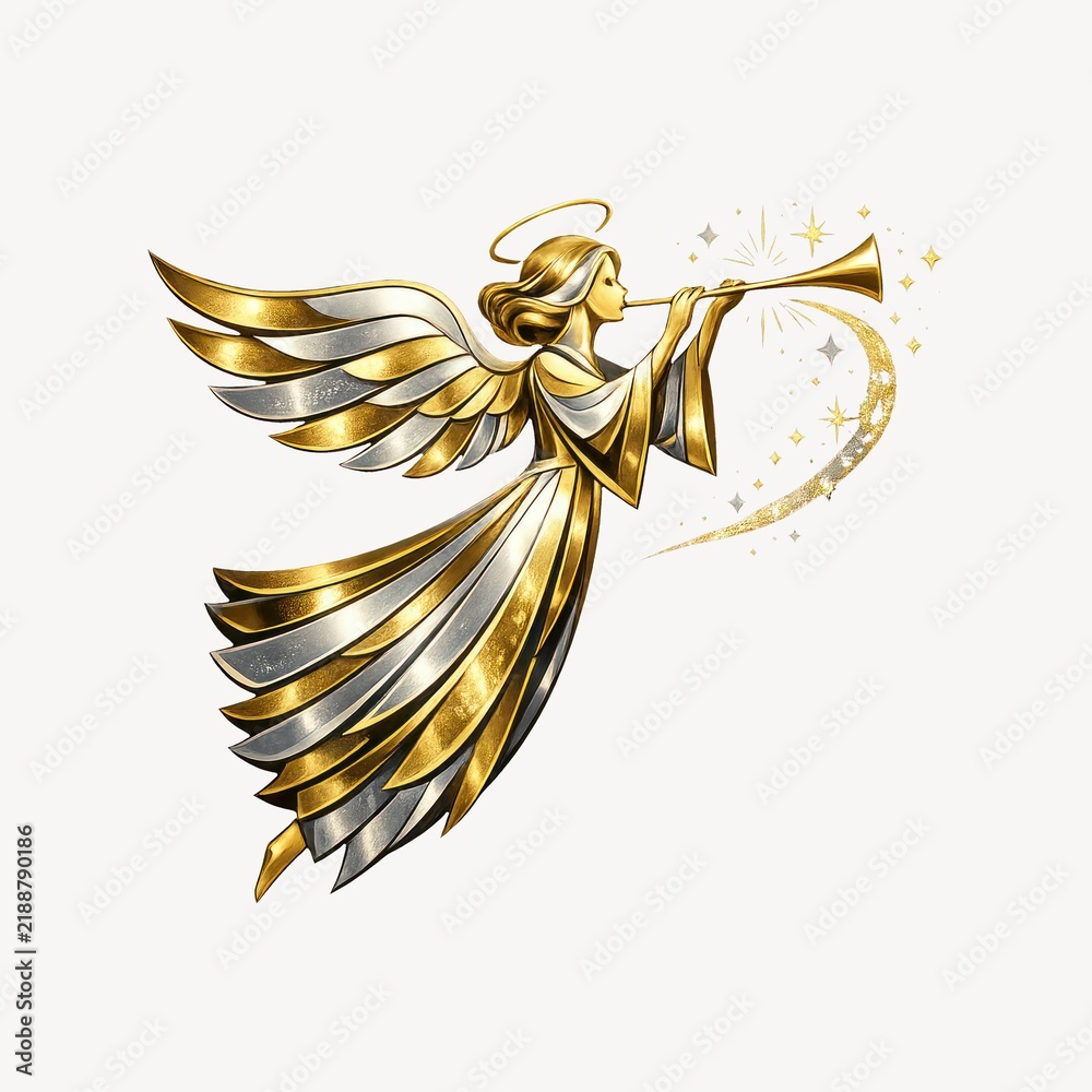 Fototapeta premium Golden angelic woman playing trumpet, elegant winged illustration on white