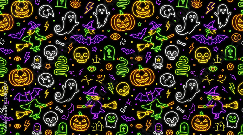 Neon Halloween pattern with witch on broomstick