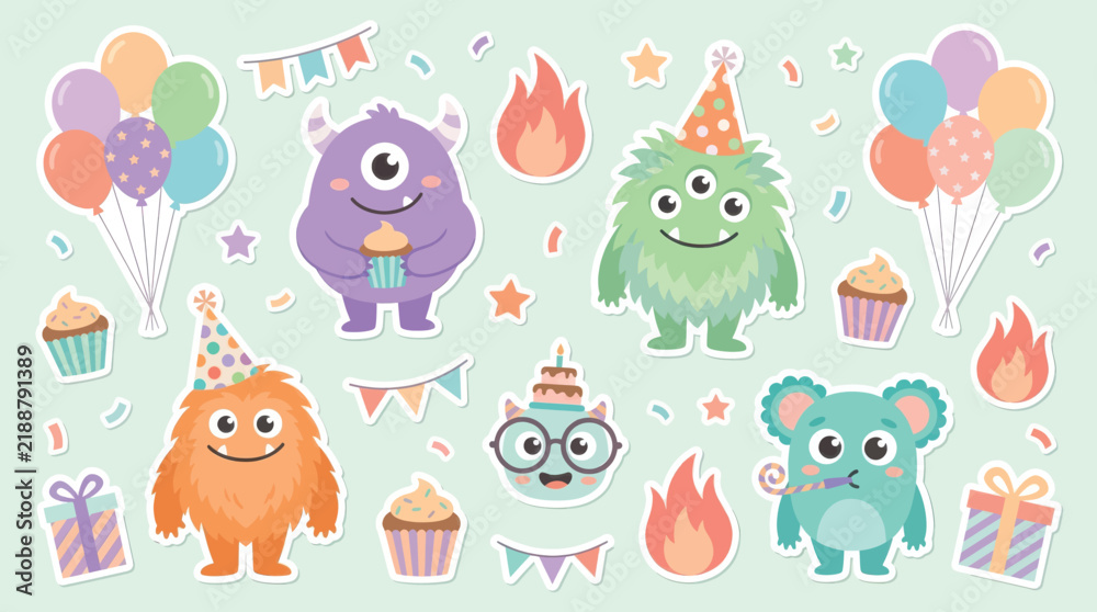 Fototapeta premium Adorable colorful birthday monsters vector illustration set featuring festive balloons, party cupcakes, gift boxes, and celebration confetti design graphic elements