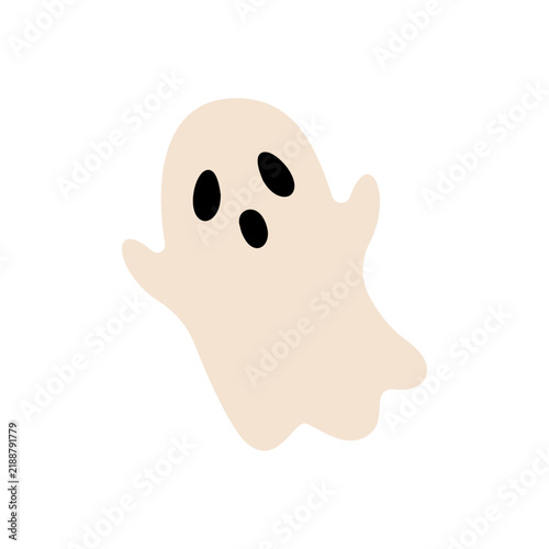 Flying Halloween ghost on white background. Flat vector illustration of a spooky Halloween character in native style for stickers, cards and seasonal designs.