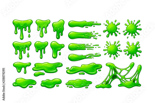 Green slime vector graphics set with drips and splatters
