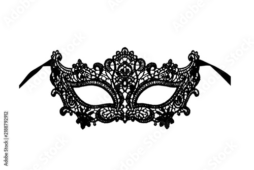 Black lace masquerade mask on white background