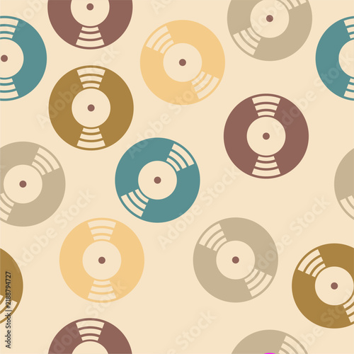 Seamless pattern print wallpaper with vinyl record discs music illustration vector retro style 60s, 70s, 80s, design art background for paper, textile, pack etc.	
