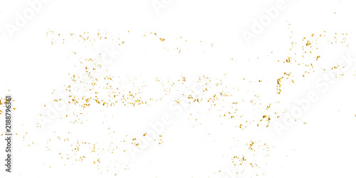 Abstract gold dust and glitter texture on white background with distressed grain, dirty speckles, scratch marks, subtle sparkle, and elegant vintage overlay with copy space.