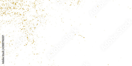 Golden grunge dust texture featuring scattered glitter particles, dirty speckles, rough scratchy grains, delicate powder details, and clean white copy space for luxury design.