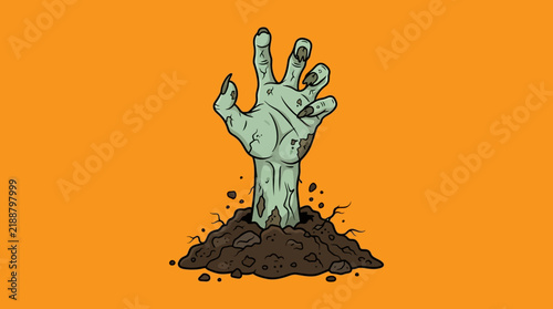 Zombie hand emerging from a mound of dark soil.