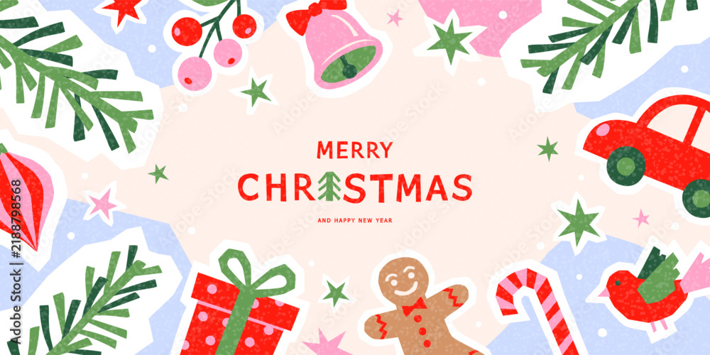 Obraz premium Modern retro Christmas banner with rough cut-paper ornaments, pine branches, gifts, gingerbread man and candy cane. Festive holiday design with grainy print texture. Vector illustration