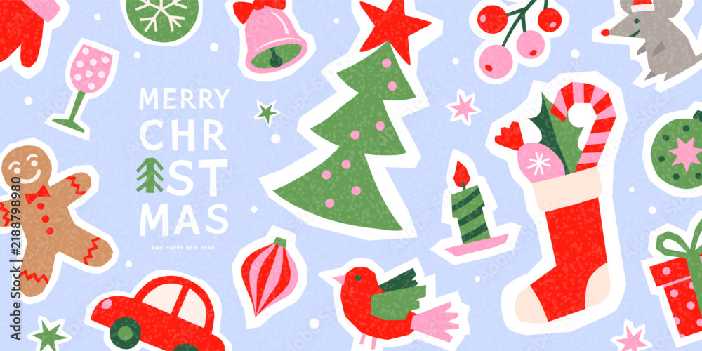 Obraz premium Christmas banner with colorful paper-cut ornaments, Christmas tree, gingerbread man, candy cane, gifts and festive elements. Modern retro flat design with grainy print texture. Vector illustration.