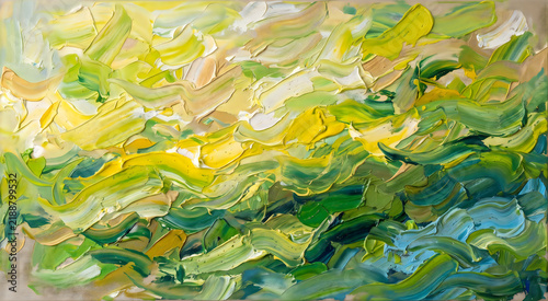 Abstract oil painting texture. Impasto brush strokes in green, yellow, and white colors