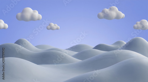 White snowy hills landscape with fluffy clouds. 3D render illustration
