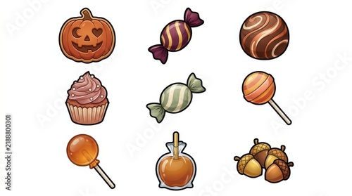 Colorful Halloween candy and dessert collection, cupcakes pumpkin cookies lollipops candied apples and autumn acorns for festive holiday food designs