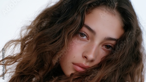 巻き髪の女性のアップポートレート。自然な表情と肌の質感がわかる美容やファッション向けのイメージ
