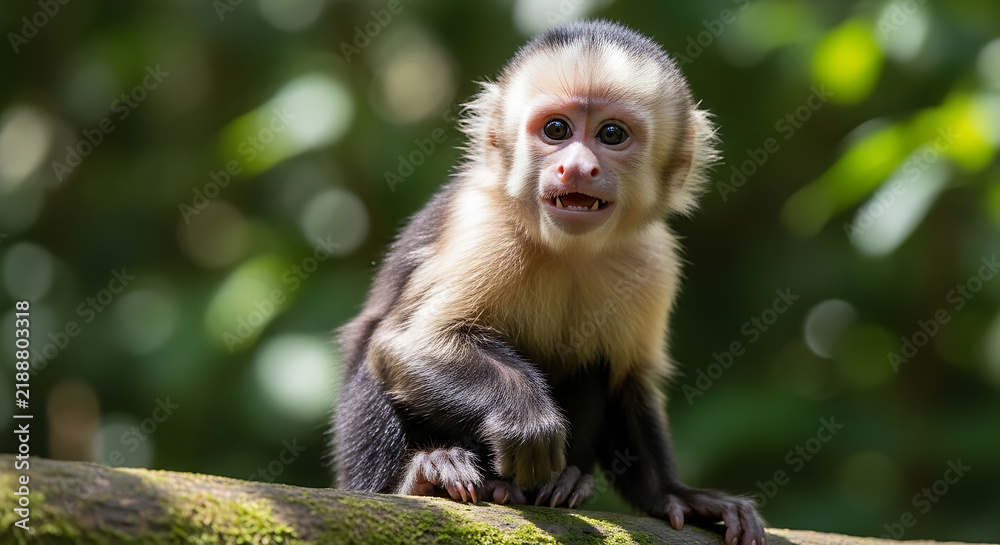 Fototapeta premium Cute white-faced capuchin monkey sitting on a tree branch in the rainforest